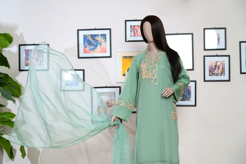 3 Pc Olive Oranza Embroidered Suit - Image 3