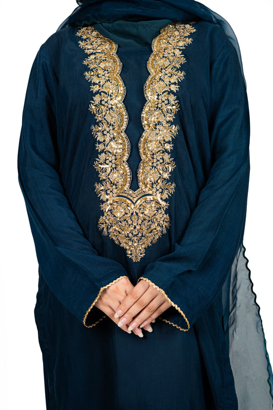 3 Pc Raw Silk Blue Embroidered Suit - Image 4